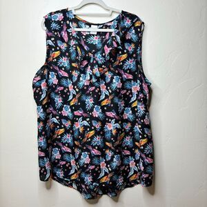 Terra & Sky Blouse Plus Size 2X Black Tropical Floral Parrot Ruffle Semi-Sheer‎